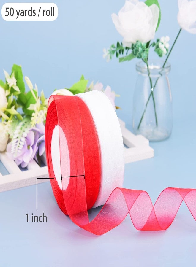 Hapeper 2 Rolls 1 Inch Sheer Organza Chiffon Ribbons for Gift Wrapping DIY Crafts Party Decoration, 50 Yards/Roll (Red, White) - Image 3